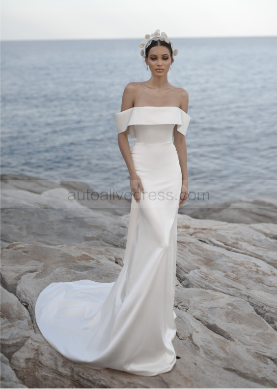 Off Shoulder Ivory Satin Minimalist Wedding Dress With Bow